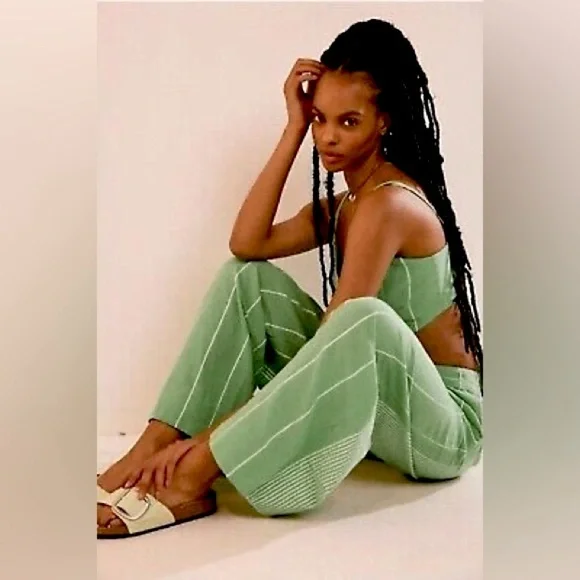 FREE PEOPLE SET Casual Friday Green Stripe Pants & Tank Top - Picture 4 of 16